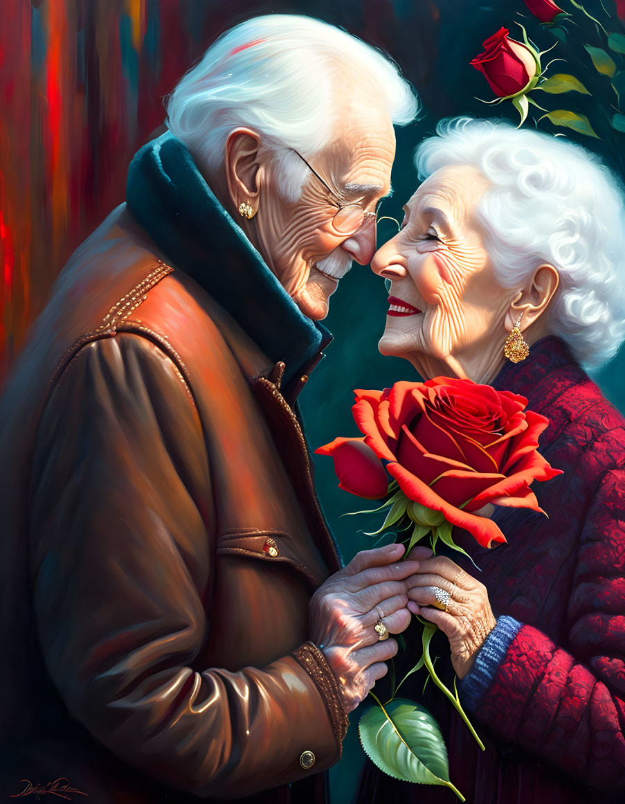 Elderly couple sharing tender moment with red roses bouquet