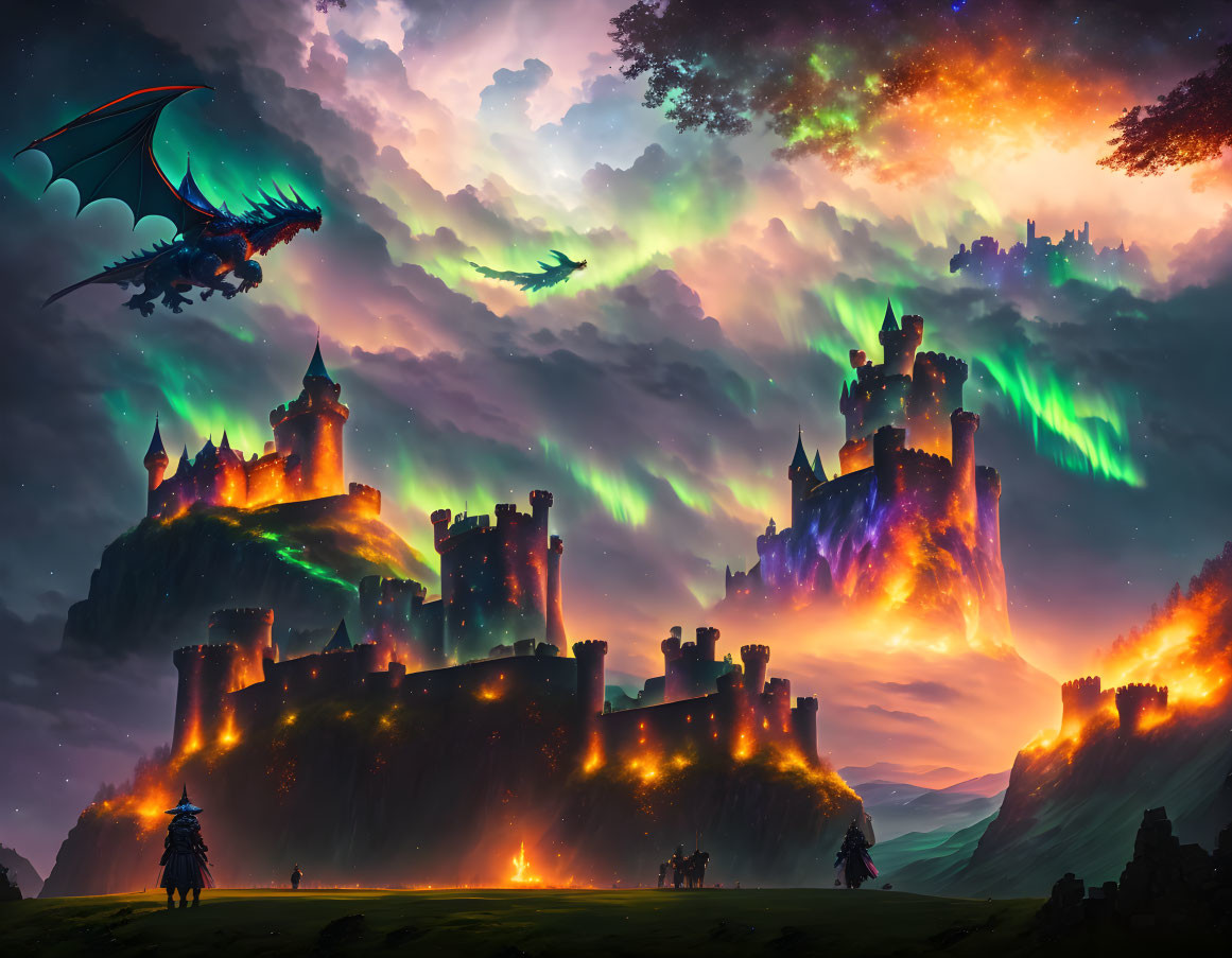 Majestic fantasy landscape: castles, knight, dragons, aurora-filled sky