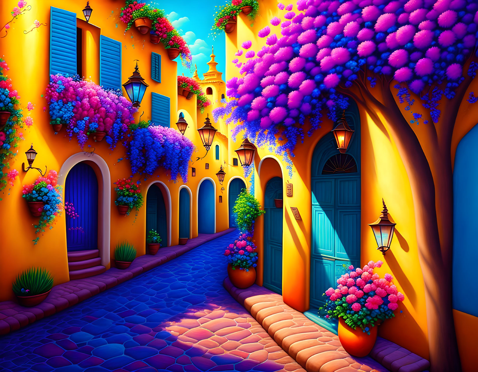 Colorful Alley with Cobblestone Pavements and Vibrant Yellow Walls