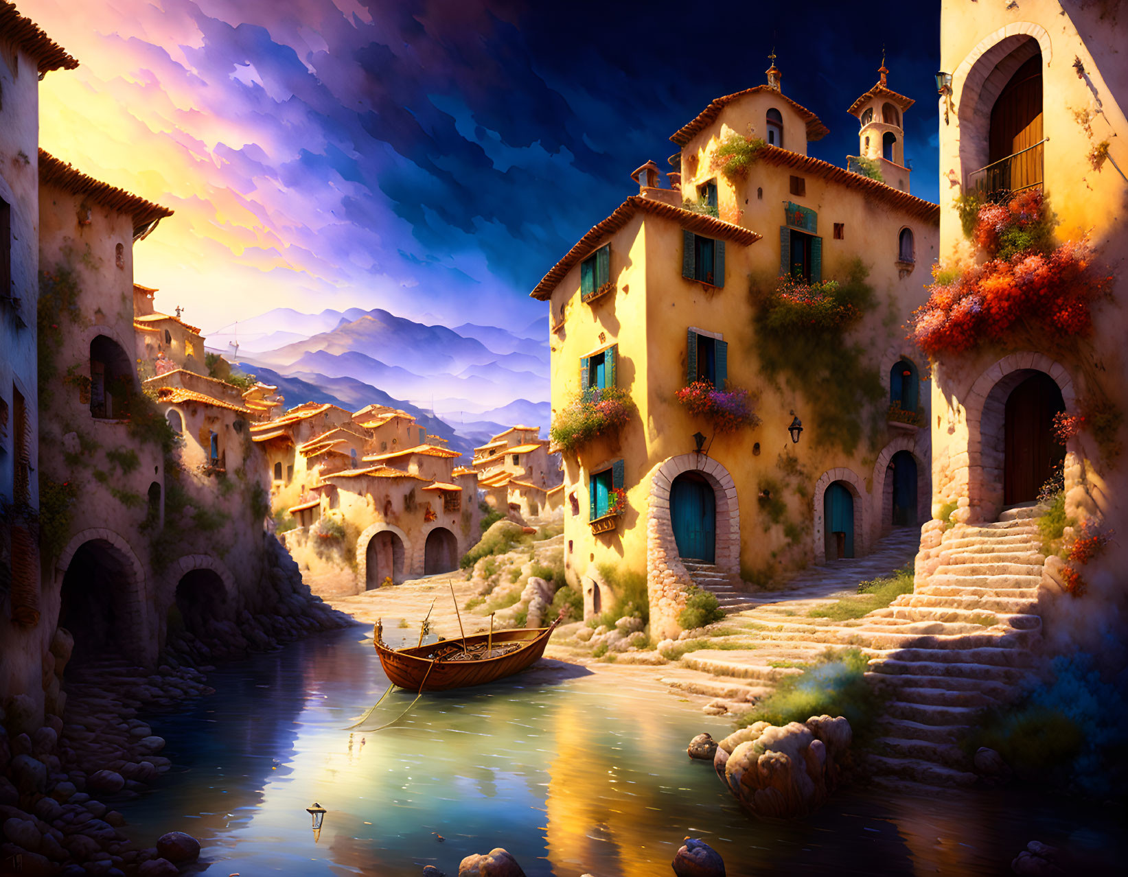 Tranquil fantasy village with rustic houses and vibrant flowers by a gentle river at dusk