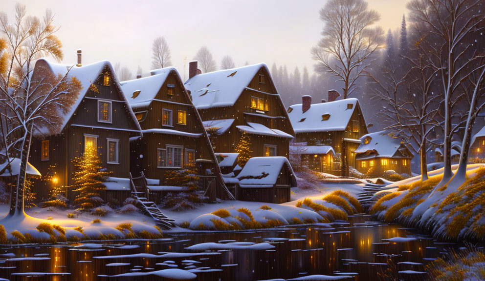 Tranquil winter scene: Snow-covered houses by a lake at dusk