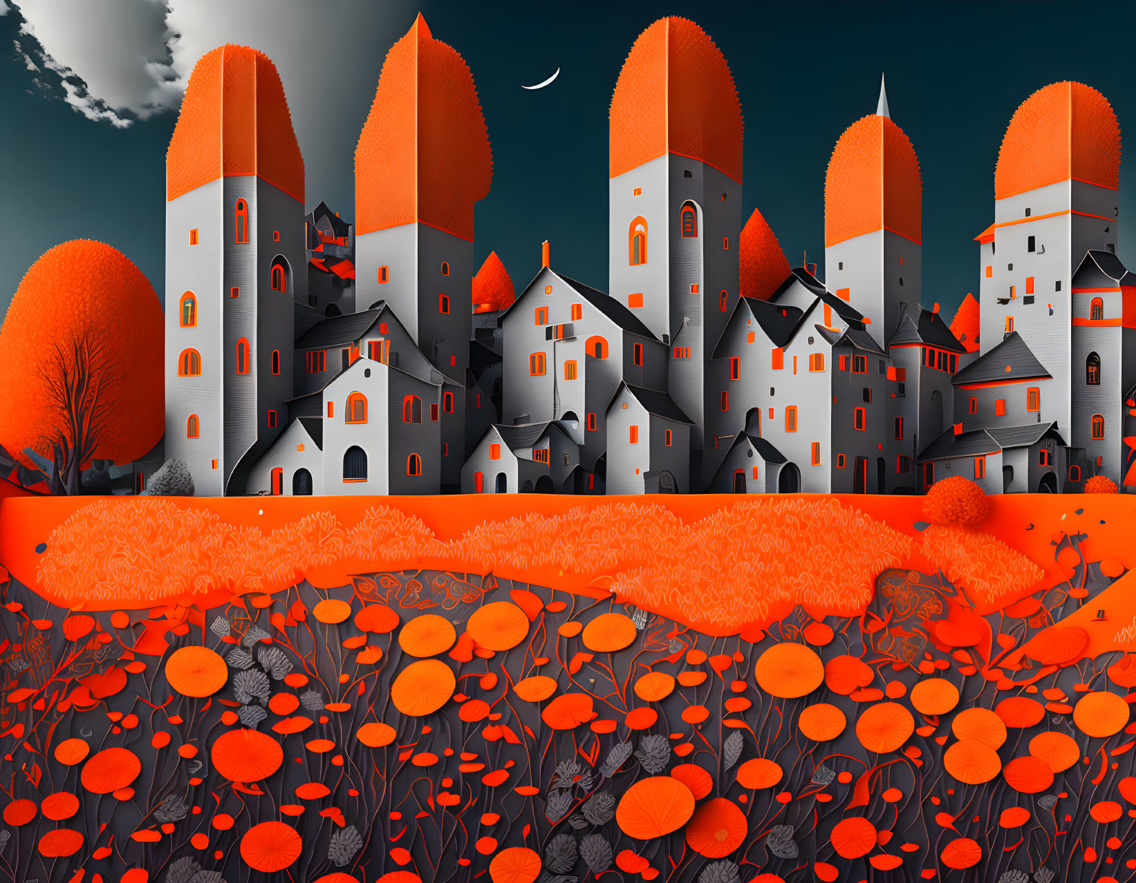 Digital artwork: Vibrant orange and black town with pointed towers under crescent moon