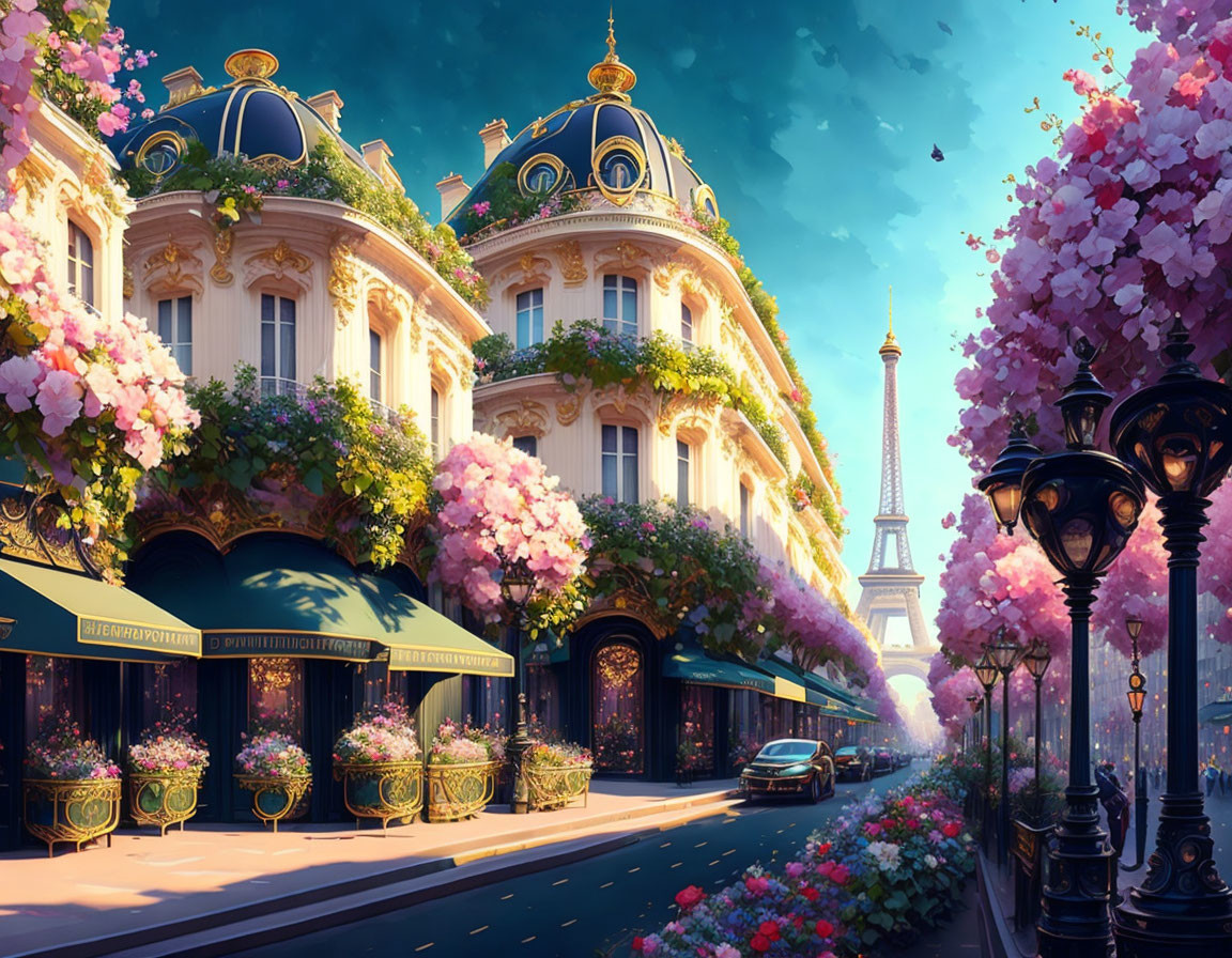 Charming Parisian street with pink trees and Eiffel Tower view