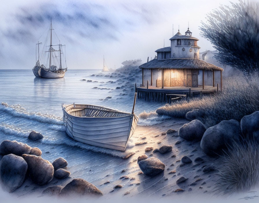 Tranquil seaside view with rowboat, stilt house, and misty ships