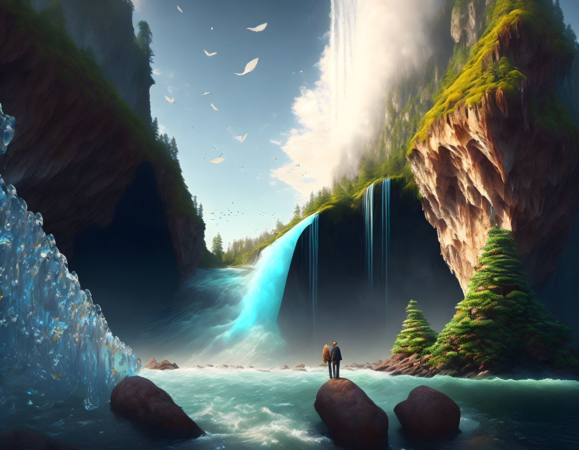 Person standing on rock by river, gazing at waterfalls in sunlit cliffside scene