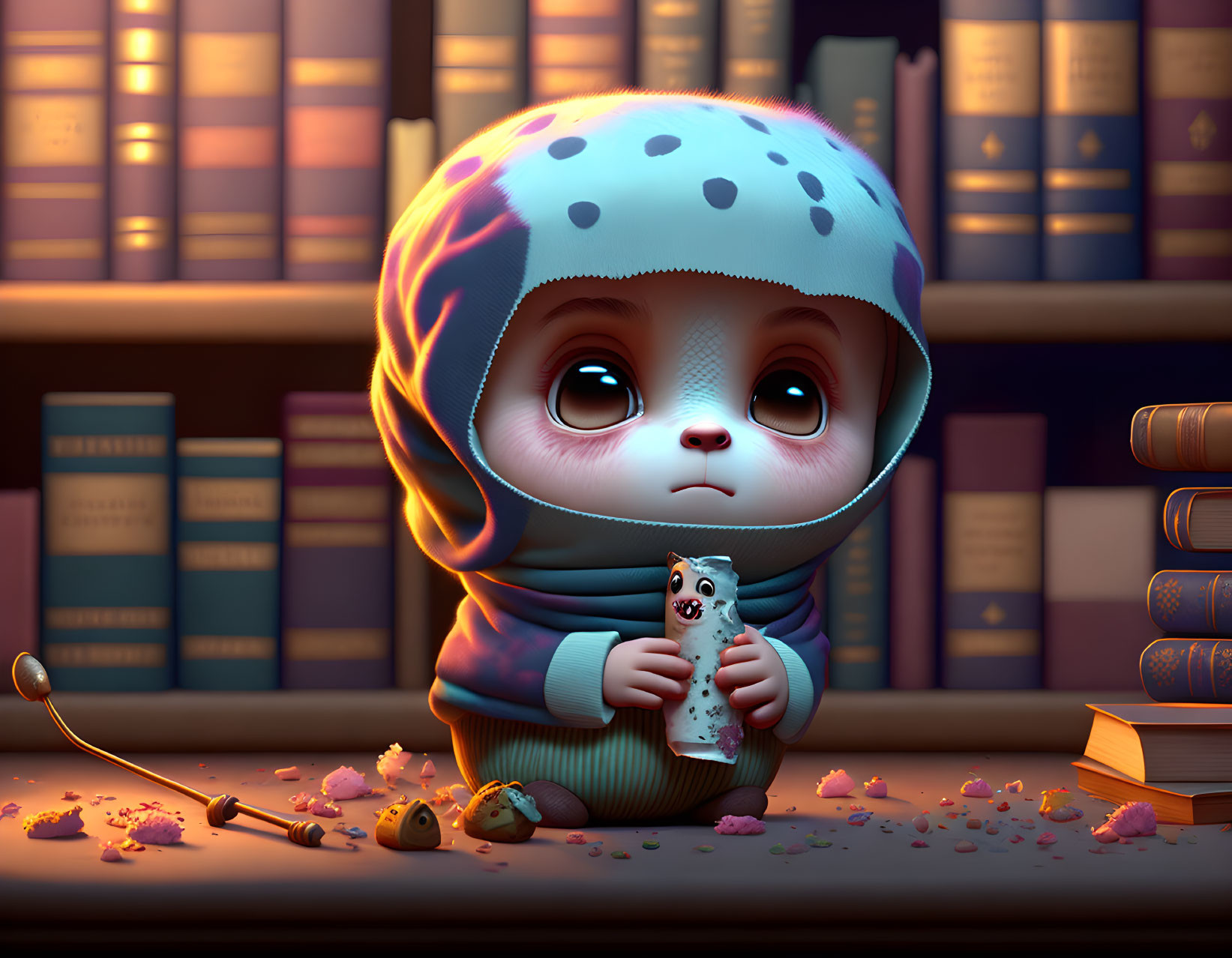 Illustration of cute animal-like character with cookie in blue hood among books