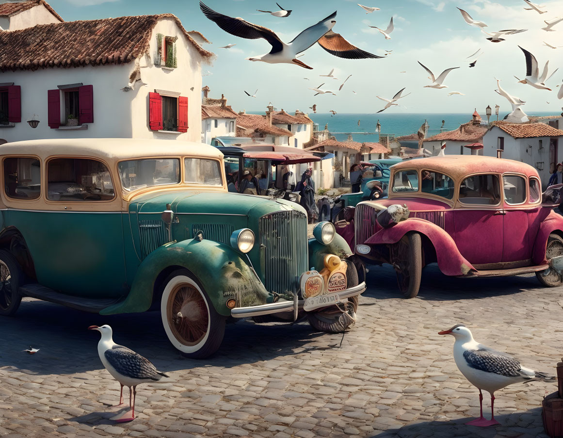 Classic Cars and Seagulls in Coastal Town Square