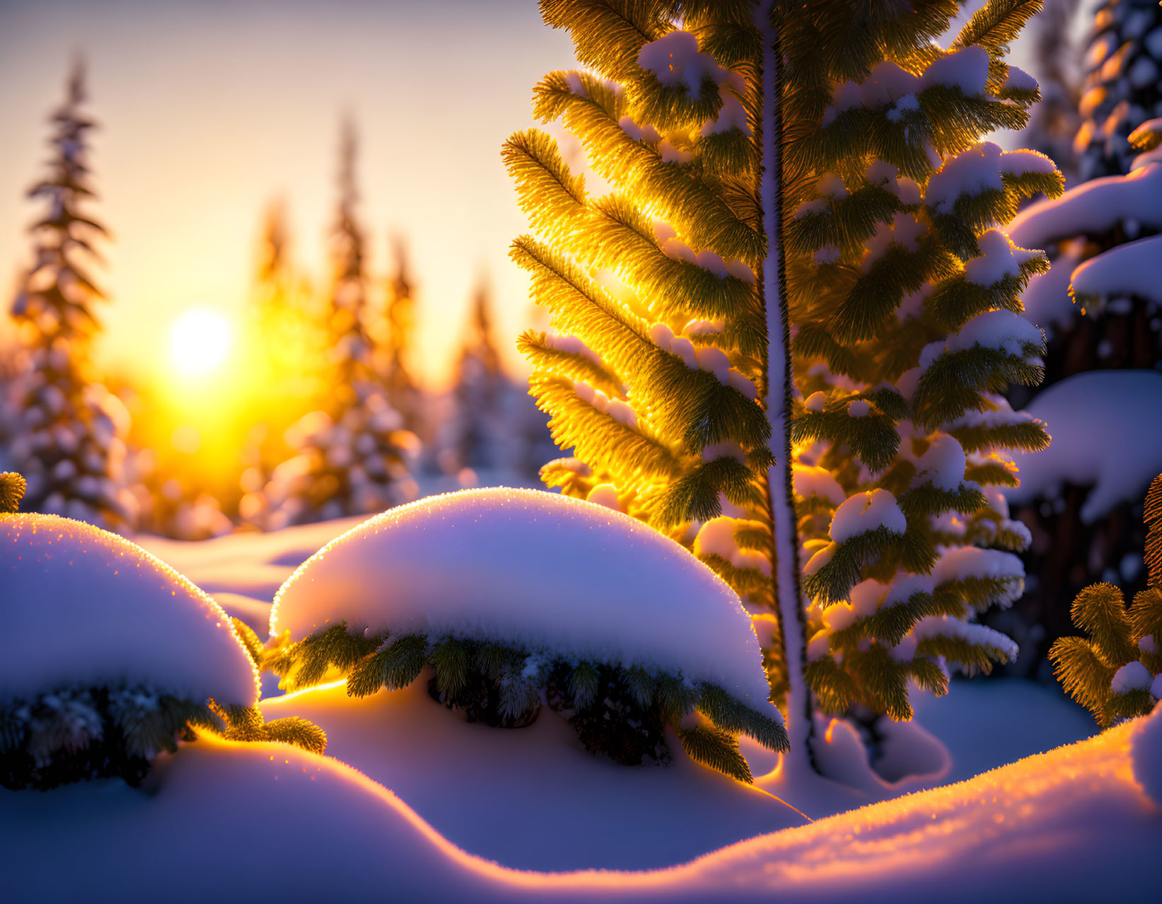 Sunrise illuminates snow-covered forest with golden light