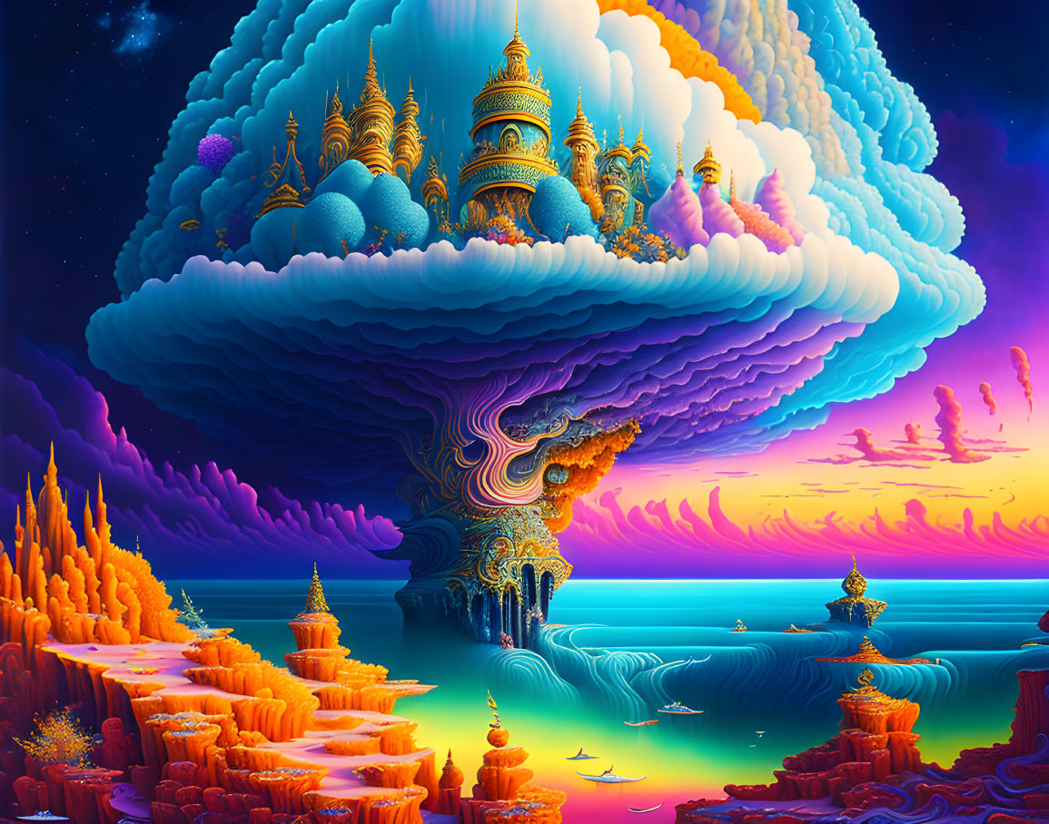 Fantasy landscape with floating islands, golden structures, cascading clouds, serene ocean, sunset sky