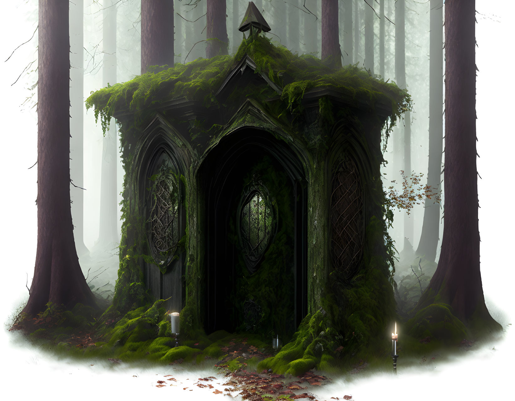 Enchanting Moss-Covered Forest Gateway with Intricate Doors