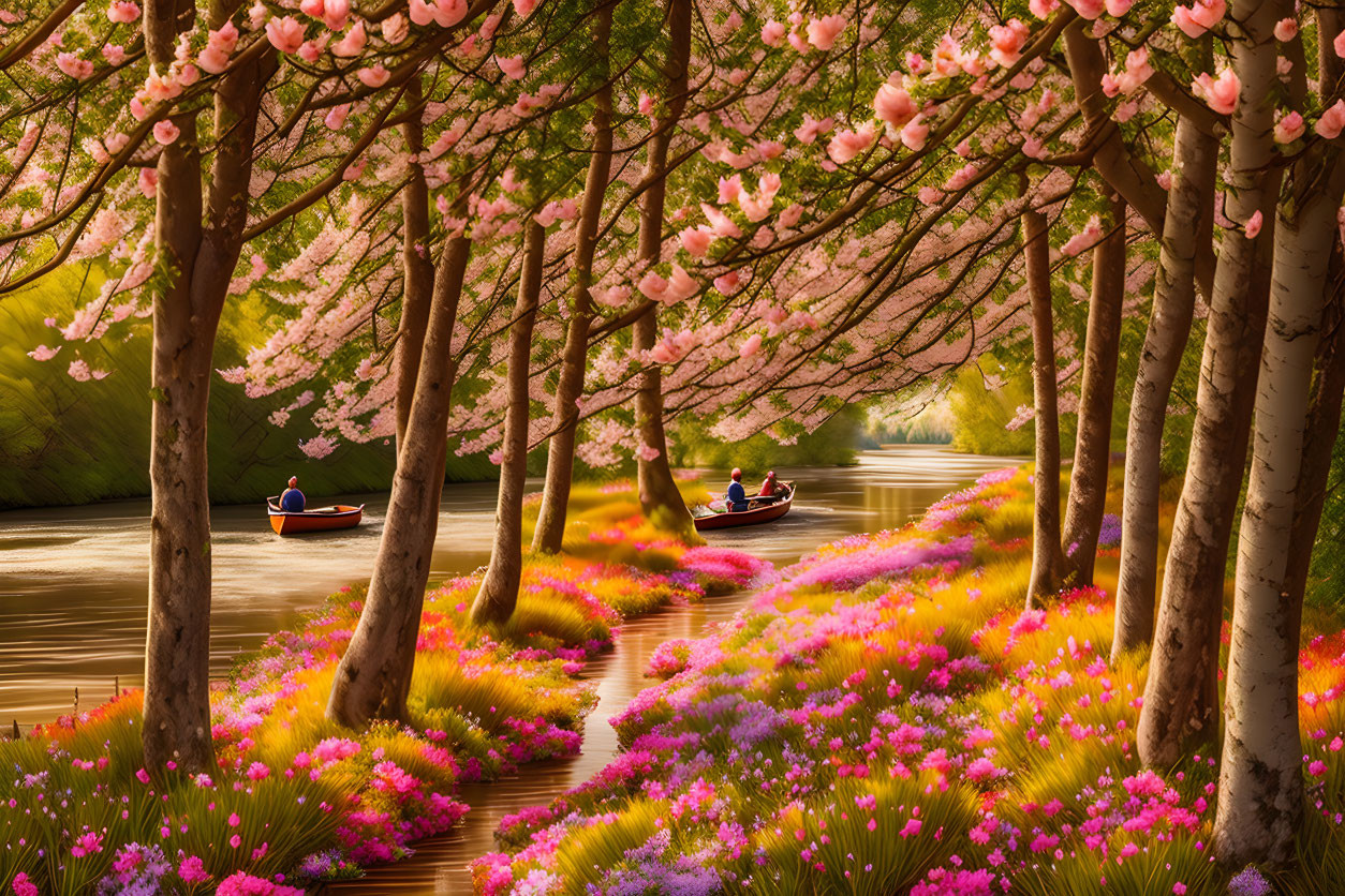 Tranquil river scene with rowing boats, cherry trees, and floral riverbanks