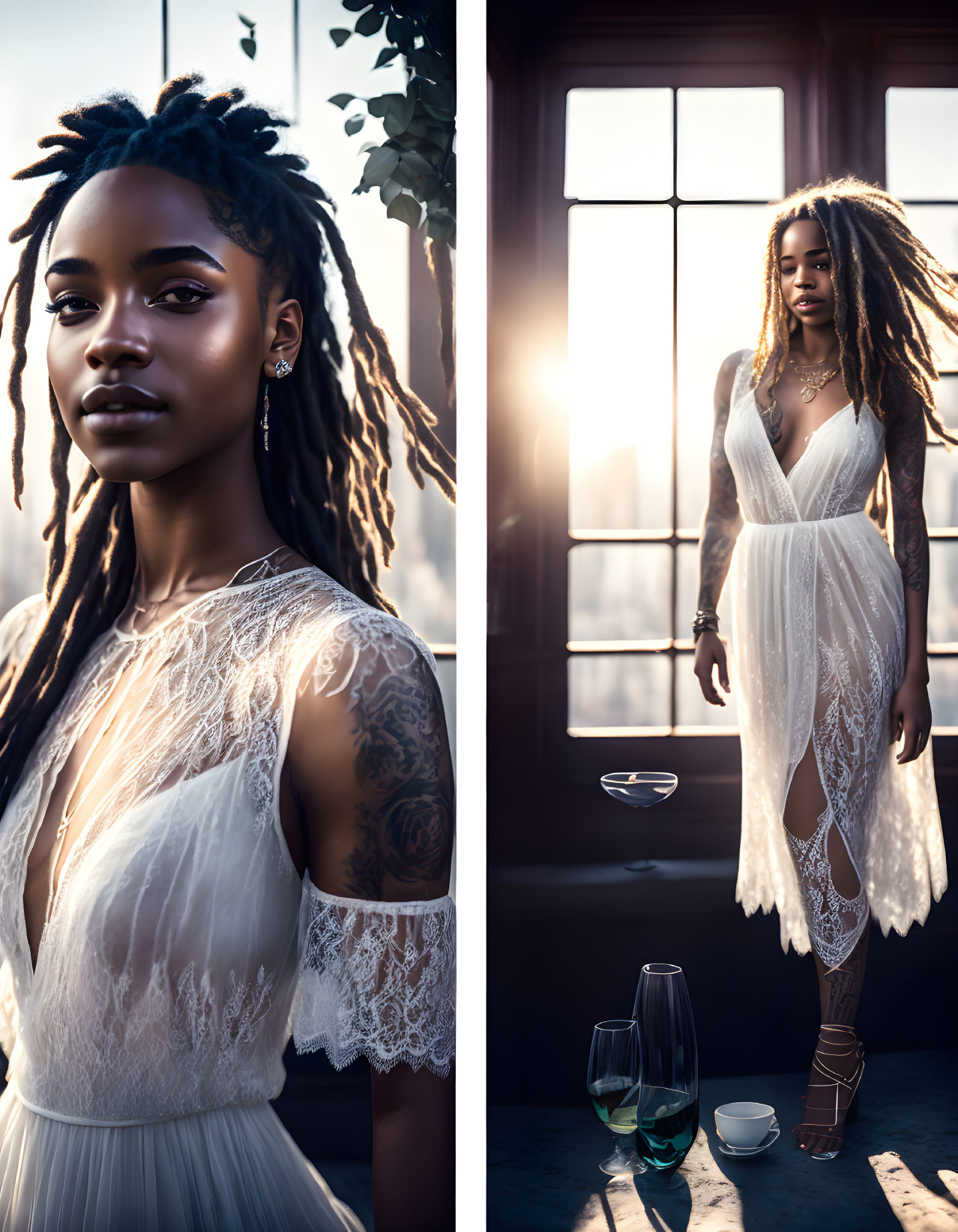 Woman with Dreadlocks in White Lace Dress by Sunlit Window with Wine Glass