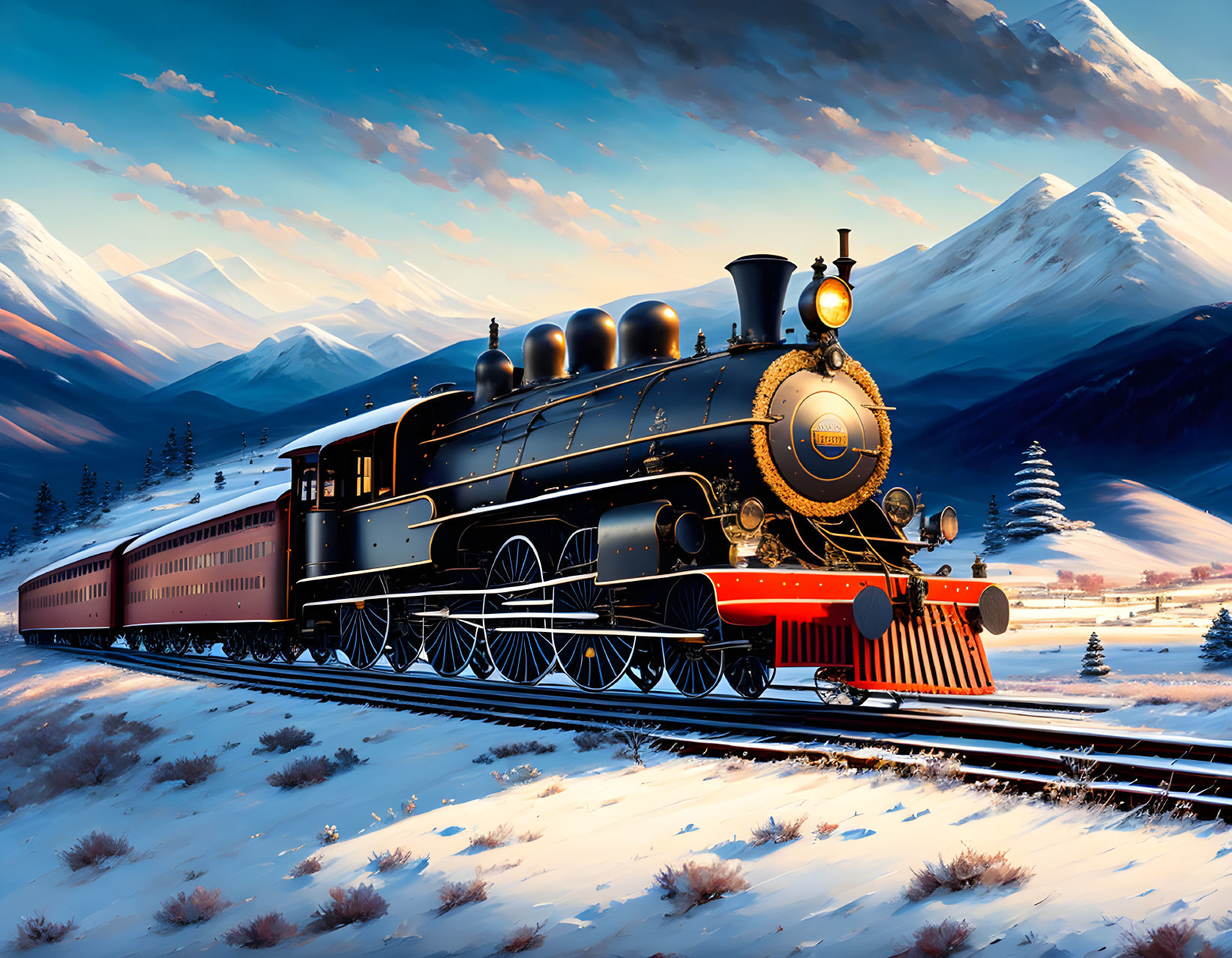 Vintage black steam locomotive in snowy mountain landscape