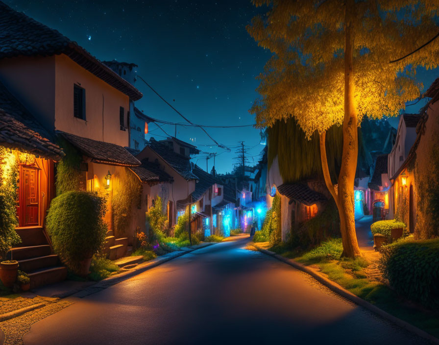 Traditional Houses on Cobblestone Street at Night with Warm Lights