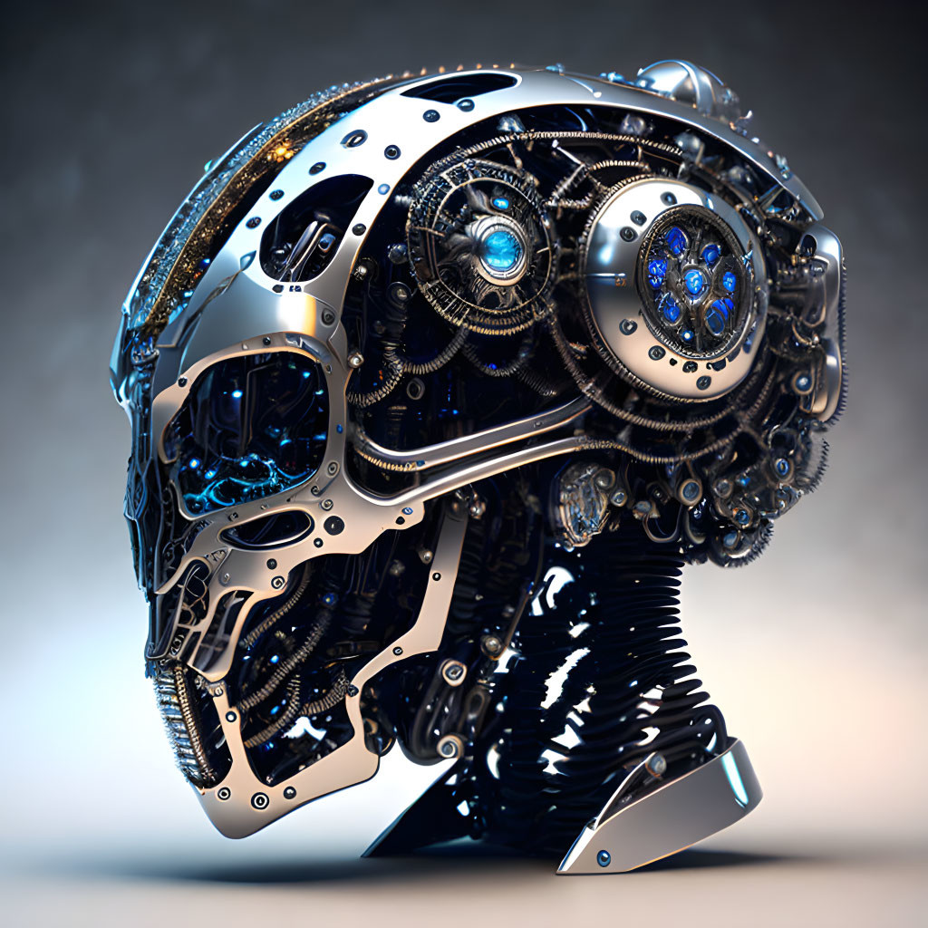 Detailed 3D rendering of robotic head with glowing blue eyes