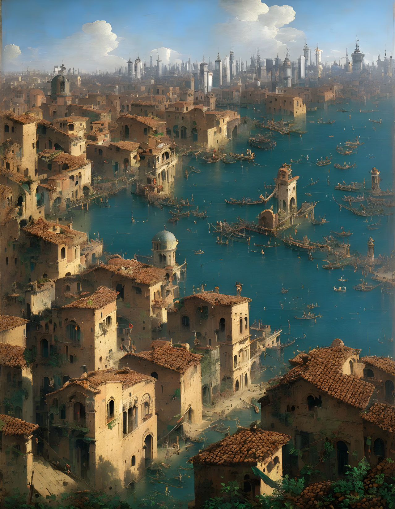 Cityscape with canal system, classic architecture, boats, and spires under hazy blue sky