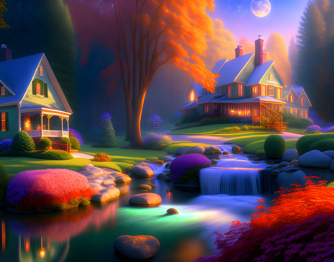 Twilight scene of cozy houses by stream with waterfalls, lush trees, starry sky