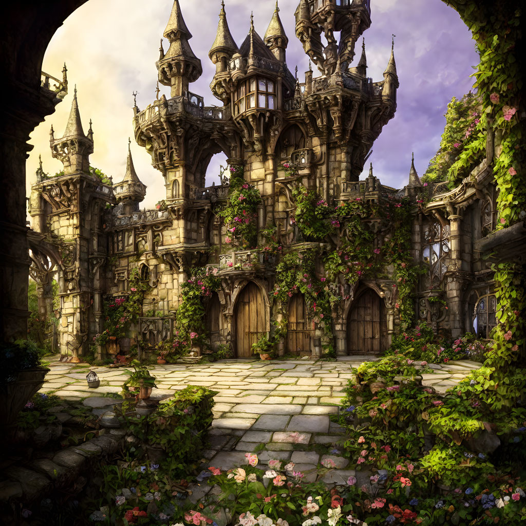 Stone castle with ivy and flowers in serene courtyard