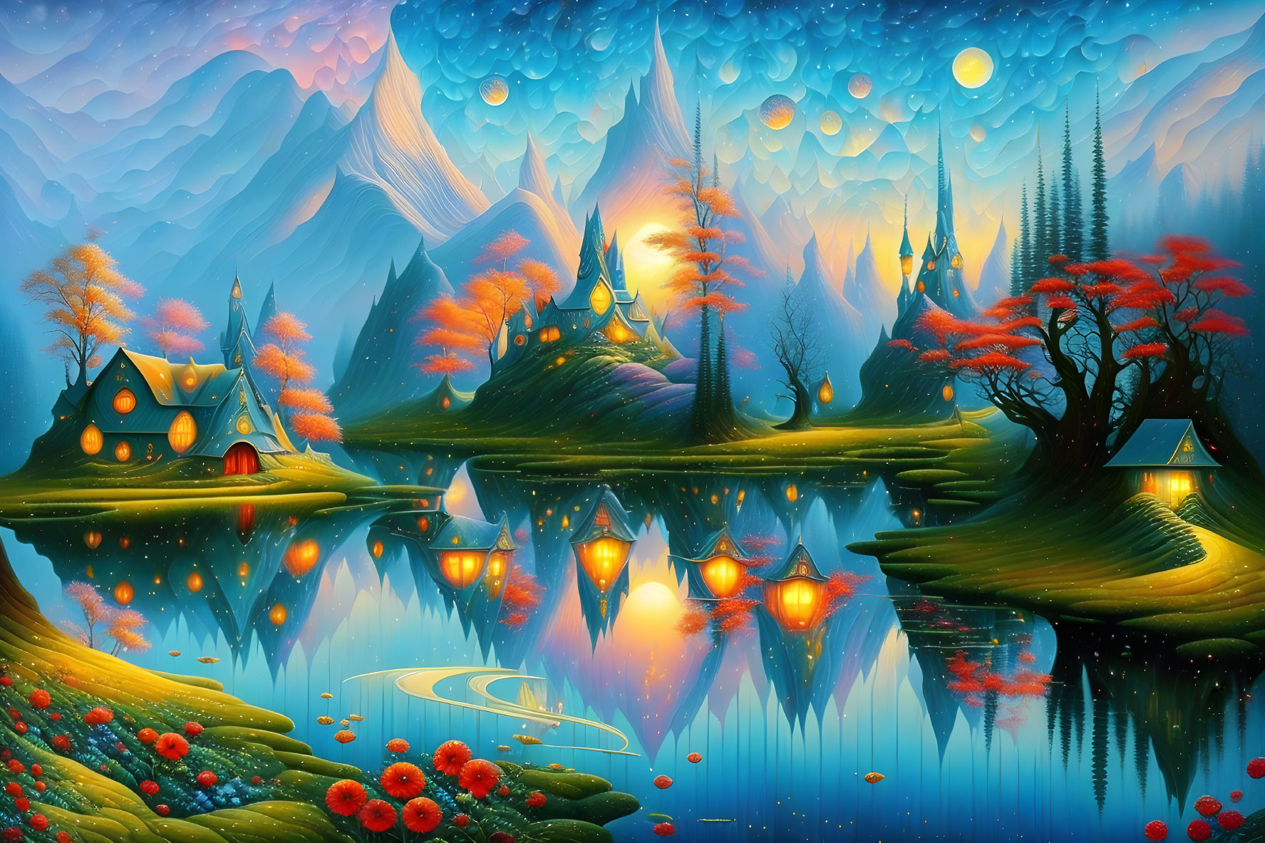 Whimsical cottages, fiery trees, lanterns, and misty mountains in fantasy landscape