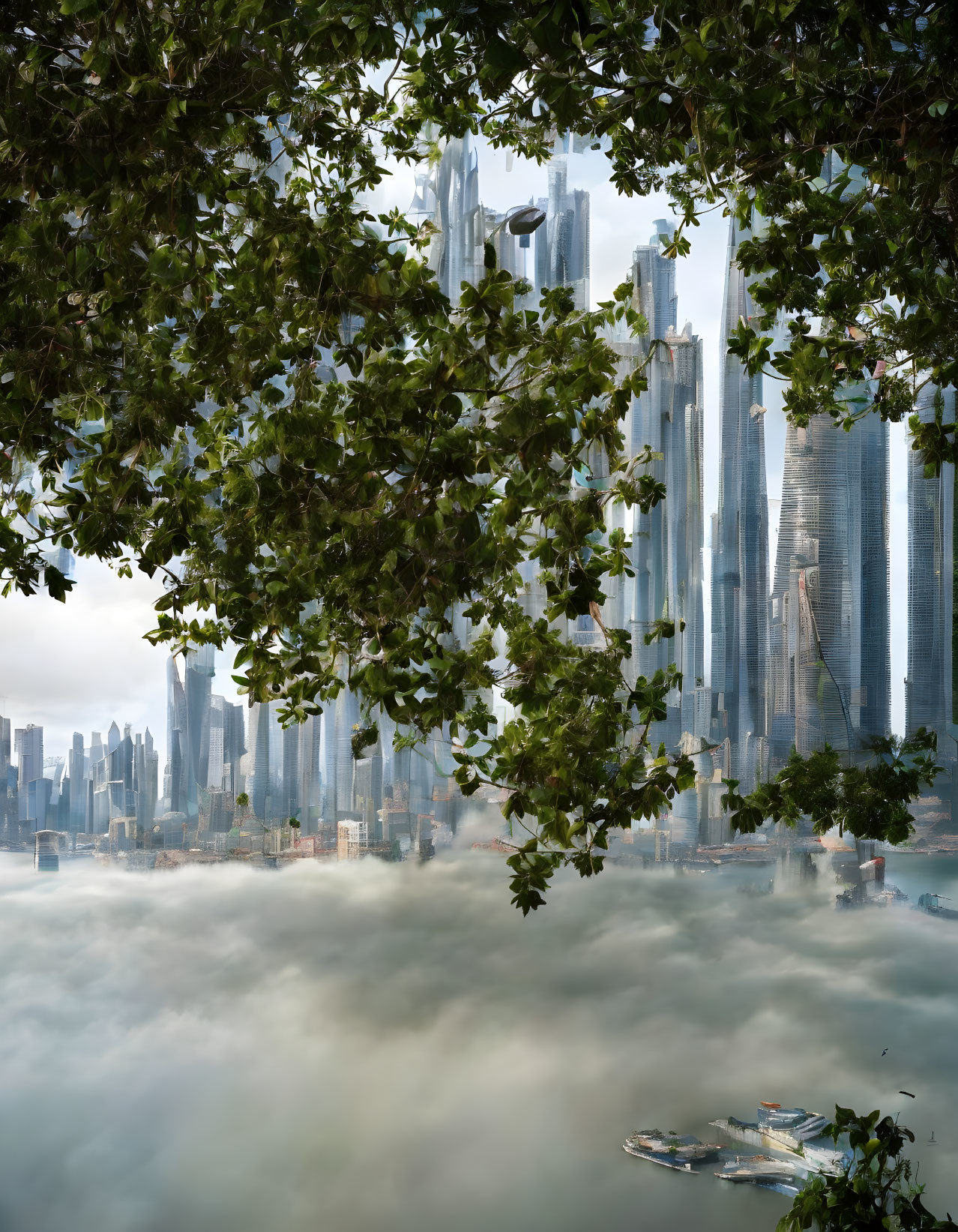 Futuristic cityscape with skyscrapers and boat through foliage