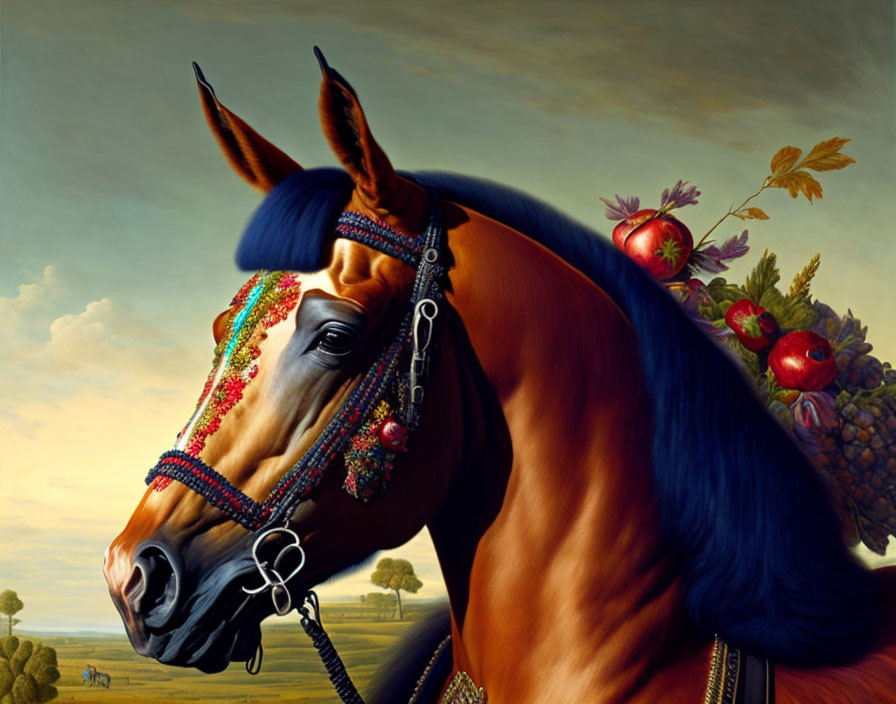 Detailed painting: Brown horse with beaded harness in landscape.