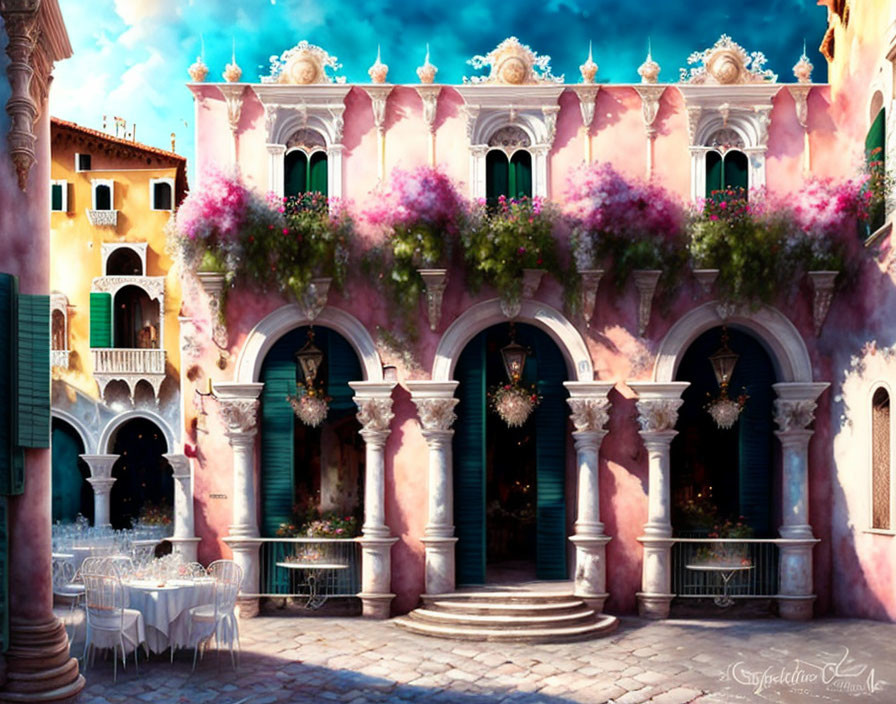 Venetian-style Building with Pink Flowers and Outdoor Seating