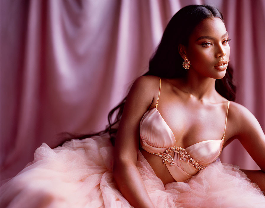 Elegant woman in satin top and tulle skirt on draped background