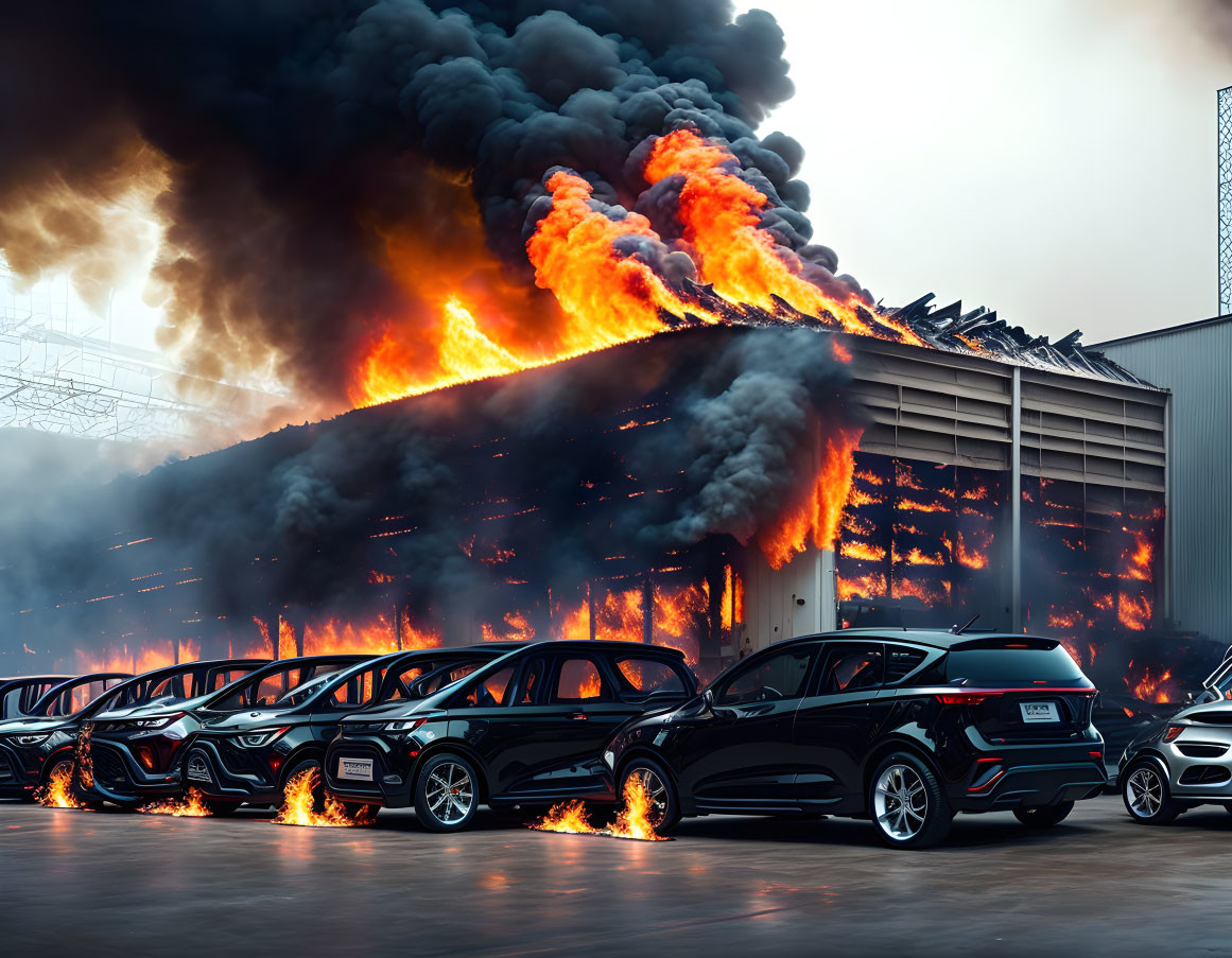 Massive industrial building ablaze with thick black smoke, engulfing parked cars.