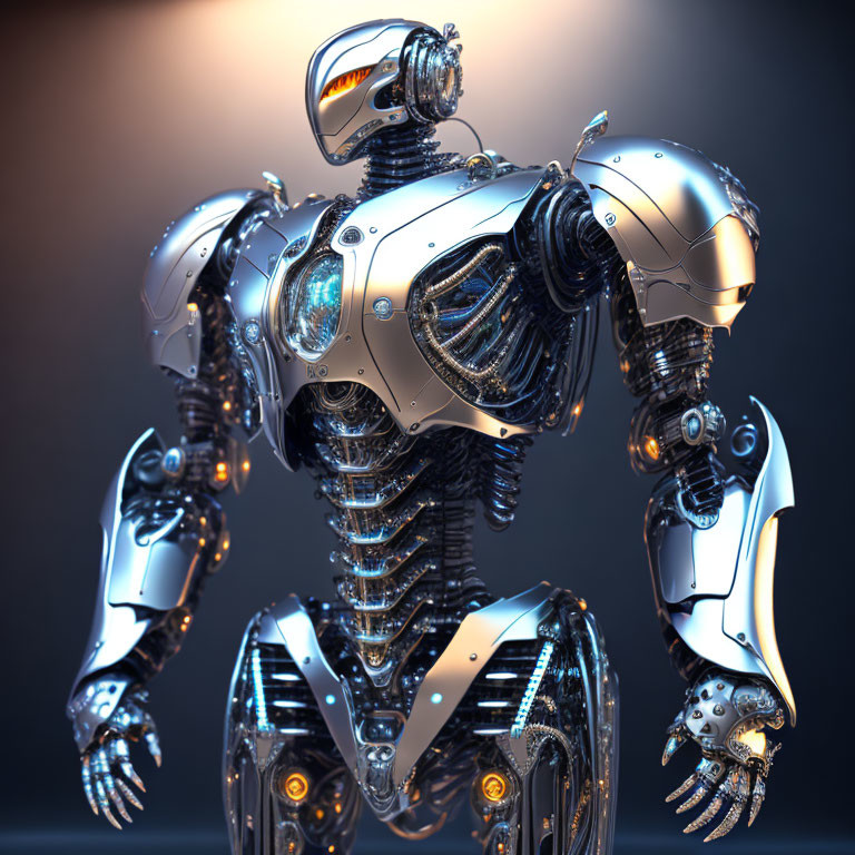 Highly detailed humanoid robot with glowing orange eyes against dark background