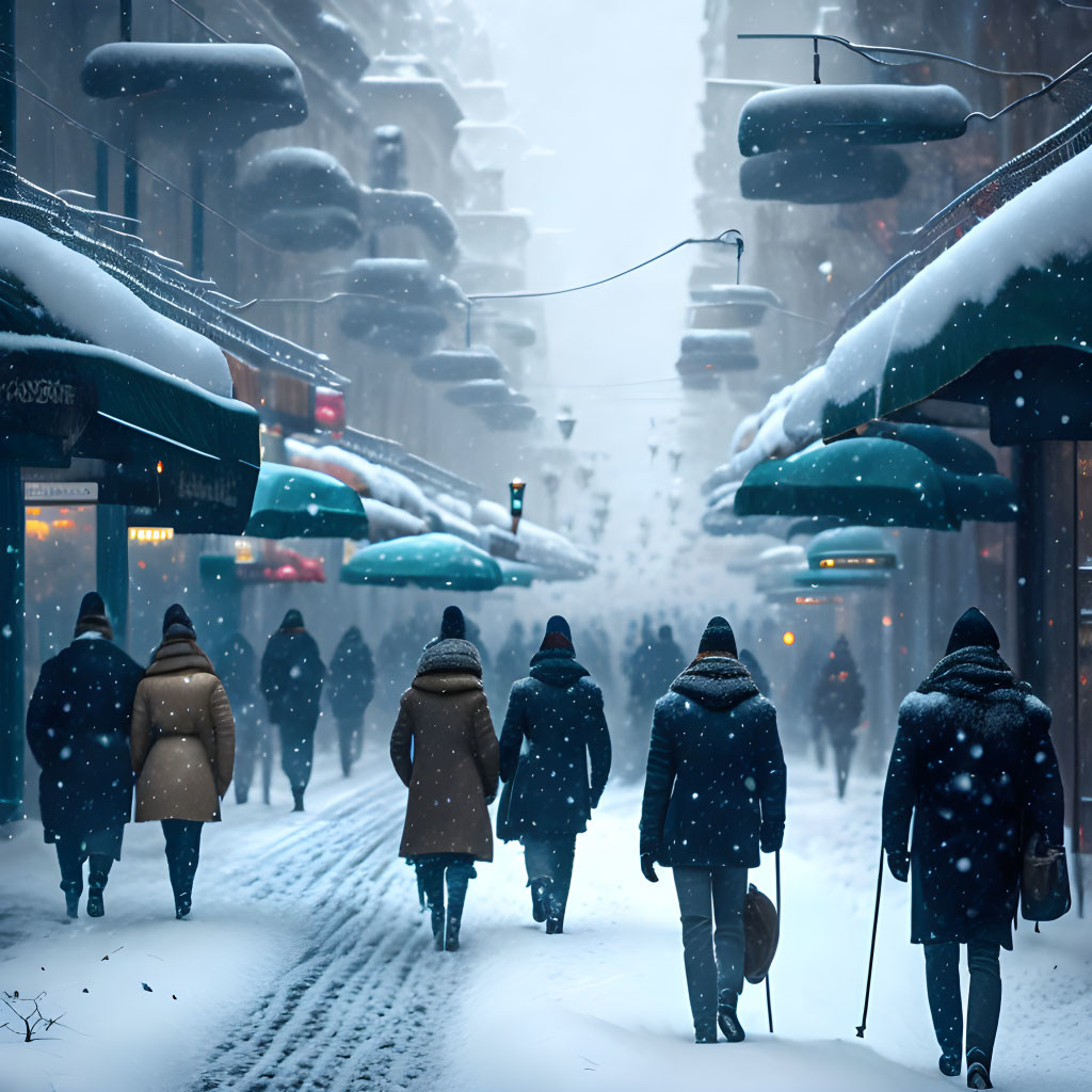 Snow-covered street with bundled people and snow-capped awnings