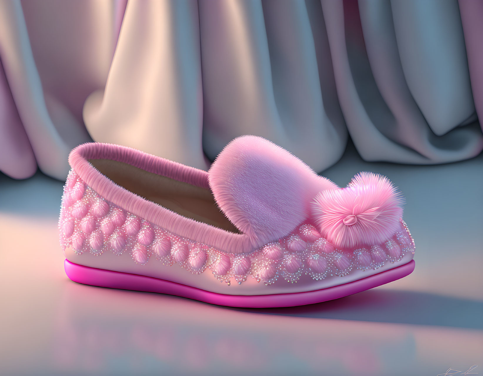 Pink Fluffy Slipper with Bead Details and Pompom on Soft Surface