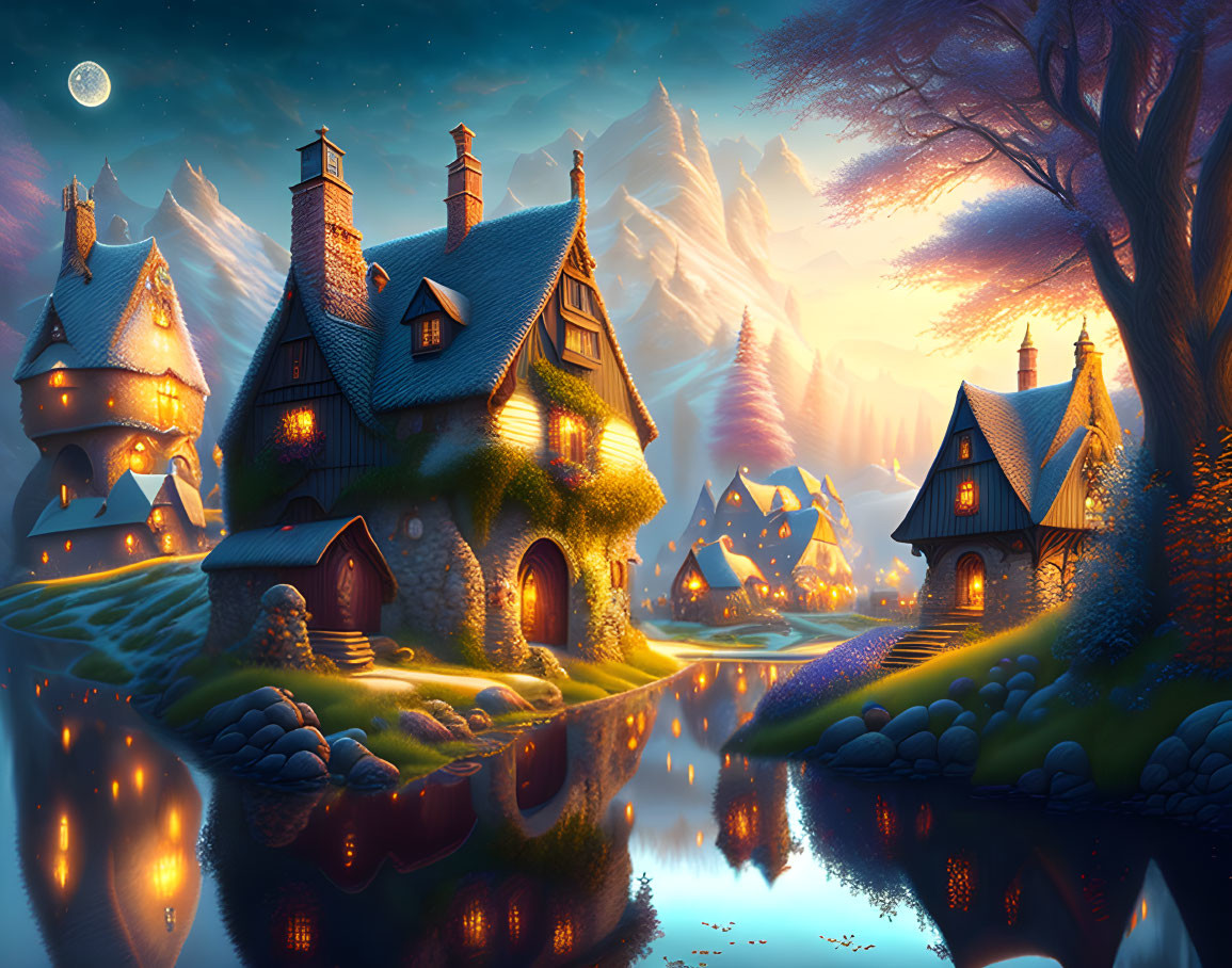 Enchanting fantasy village by river at twilight