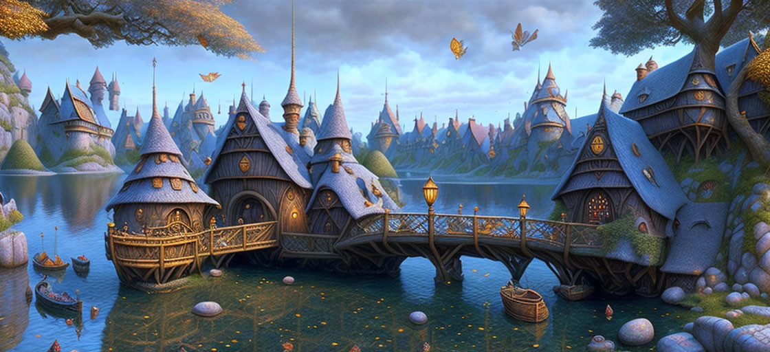 Fairytale landscape with whimsical cottages, lake, bridge, foliage, and magical books