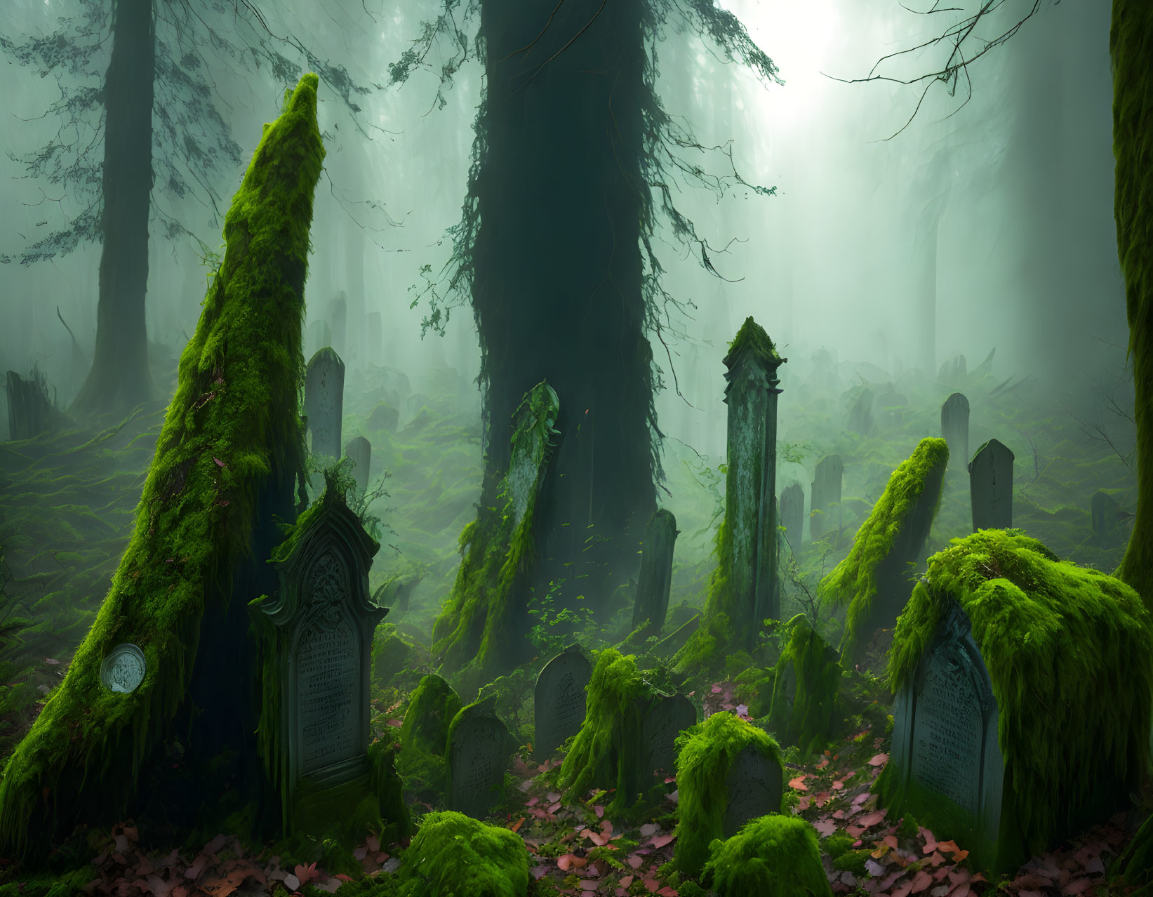 Misty forest with moss-covered tombstones and ancient trees in fog