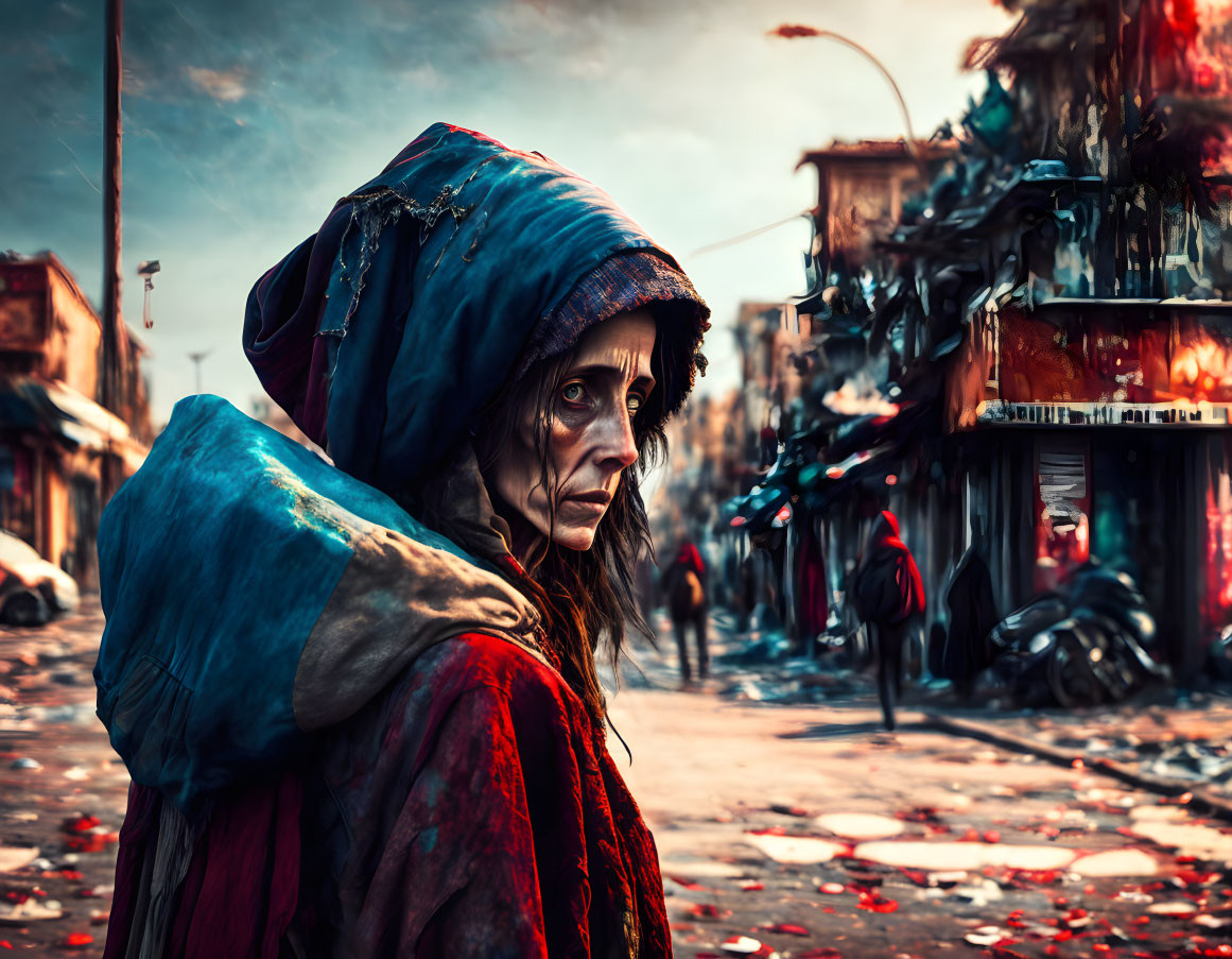 Desolate post-apocalyptic scene with person in tattered red and blue clothes