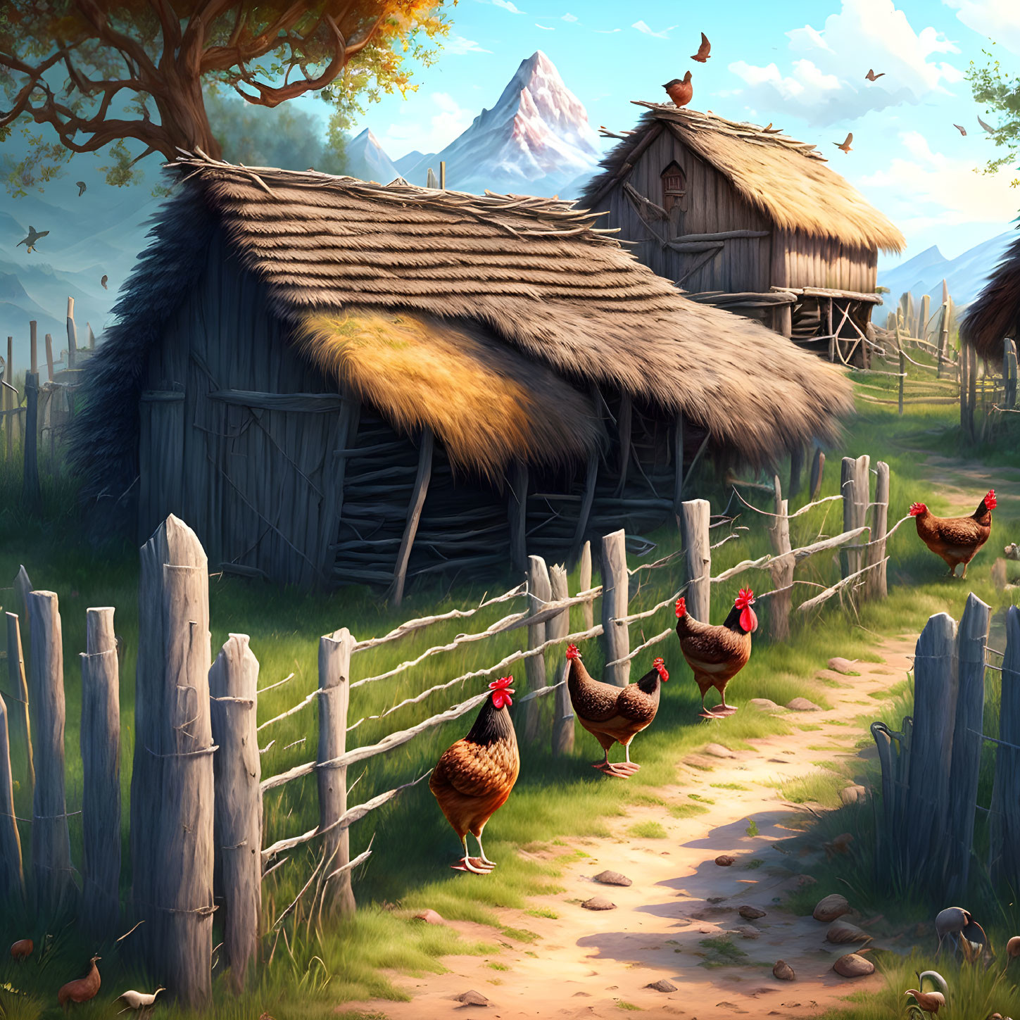 Rural scene with thatched-roof cottage, chickens, fence, and mountain.