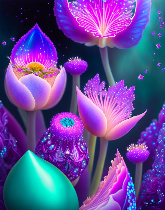 Fantasy flowers in purple and teal on dark background