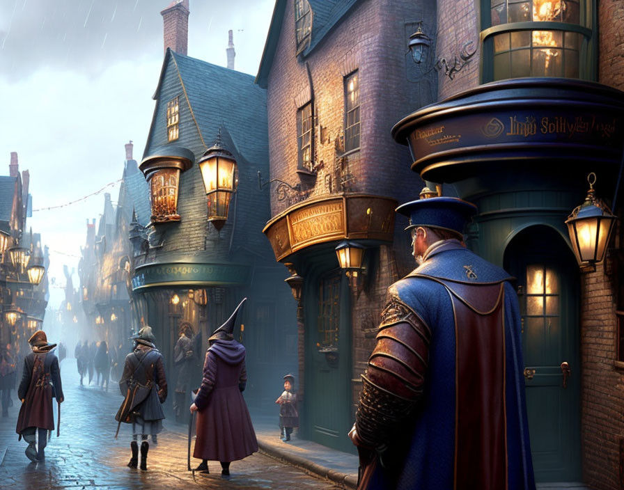 Cobblestone street scene with figures in cloaks and hats at twilight