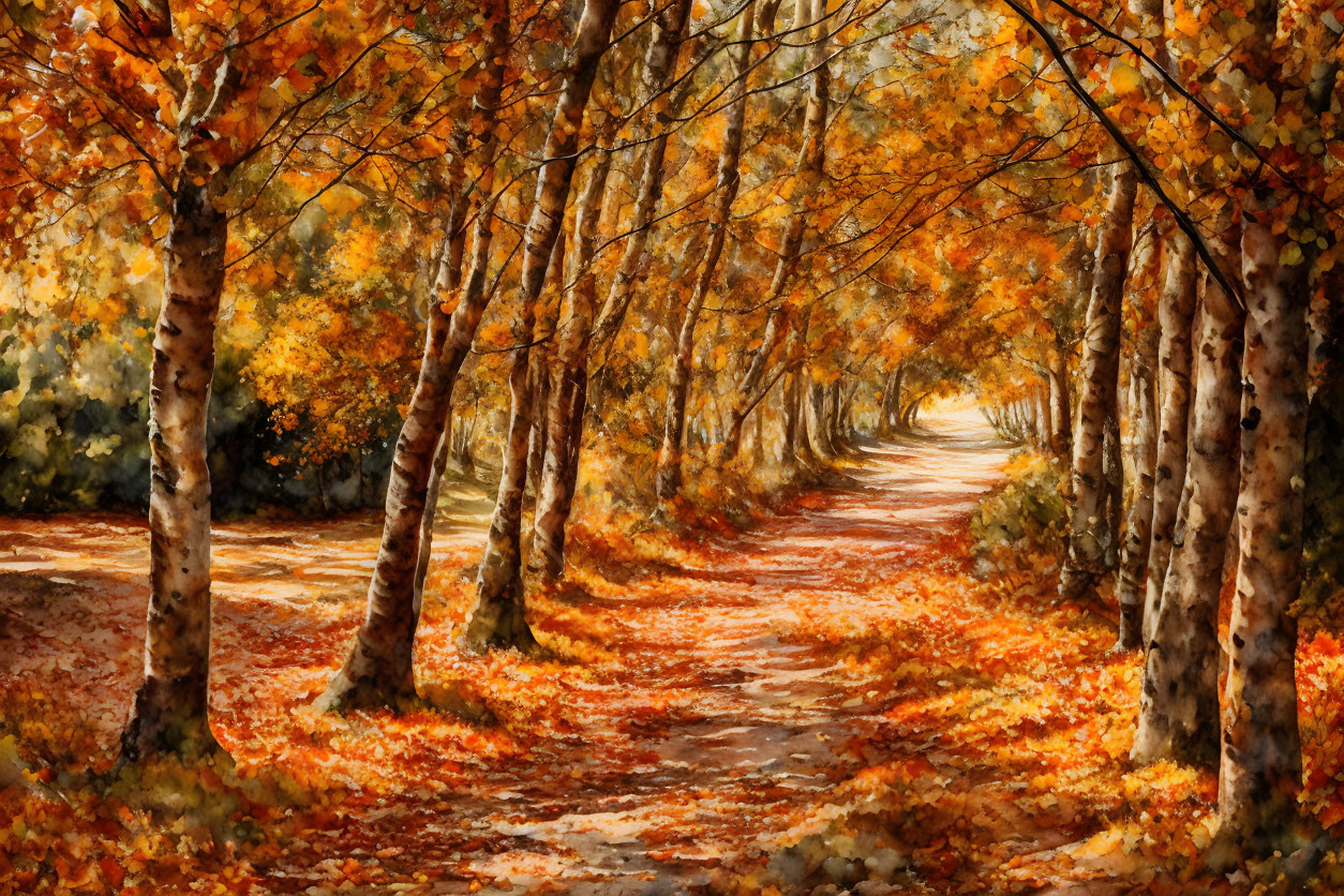 Vibrant autumn pathway with orange and yellow leaves