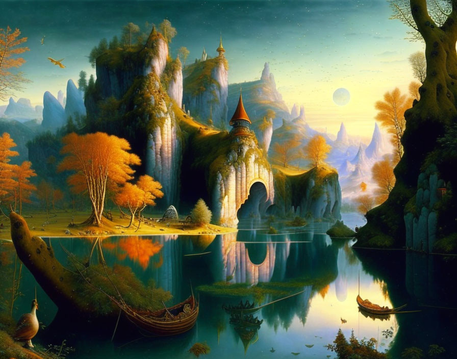 Fantasy landscape with towering cliffs, castle, lake, boats, vibrant trees, and luminous sky