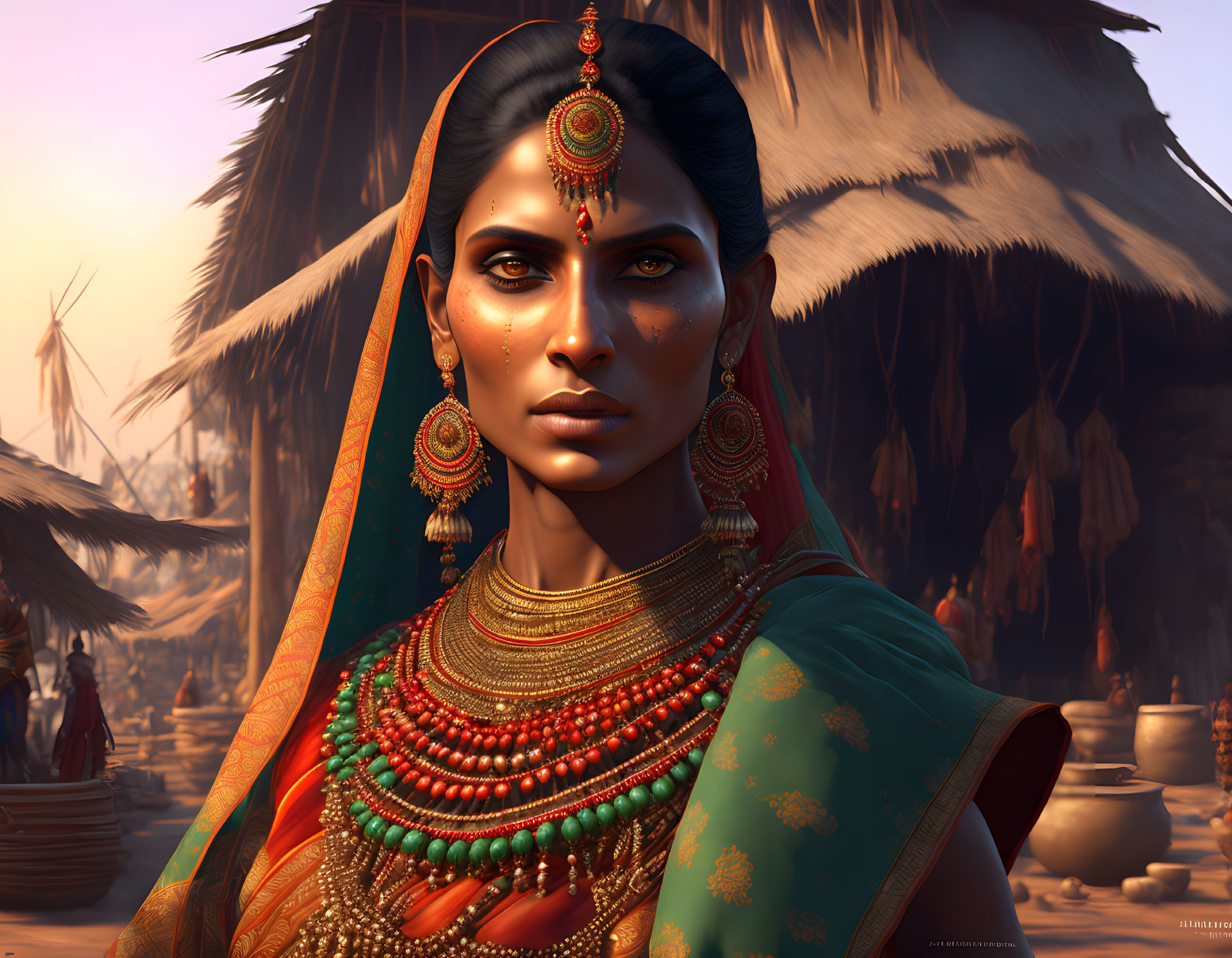 Traditional Indian Attire Woman with Orange Headscarf and Thatched Structures