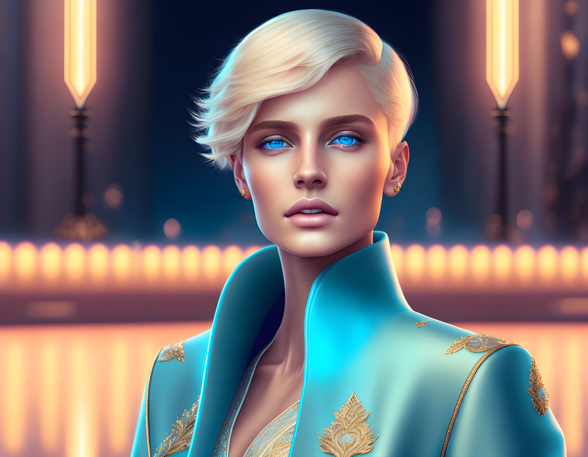 Blonde-Haired Figure in Blue Coat with Blue Eyes Artwork