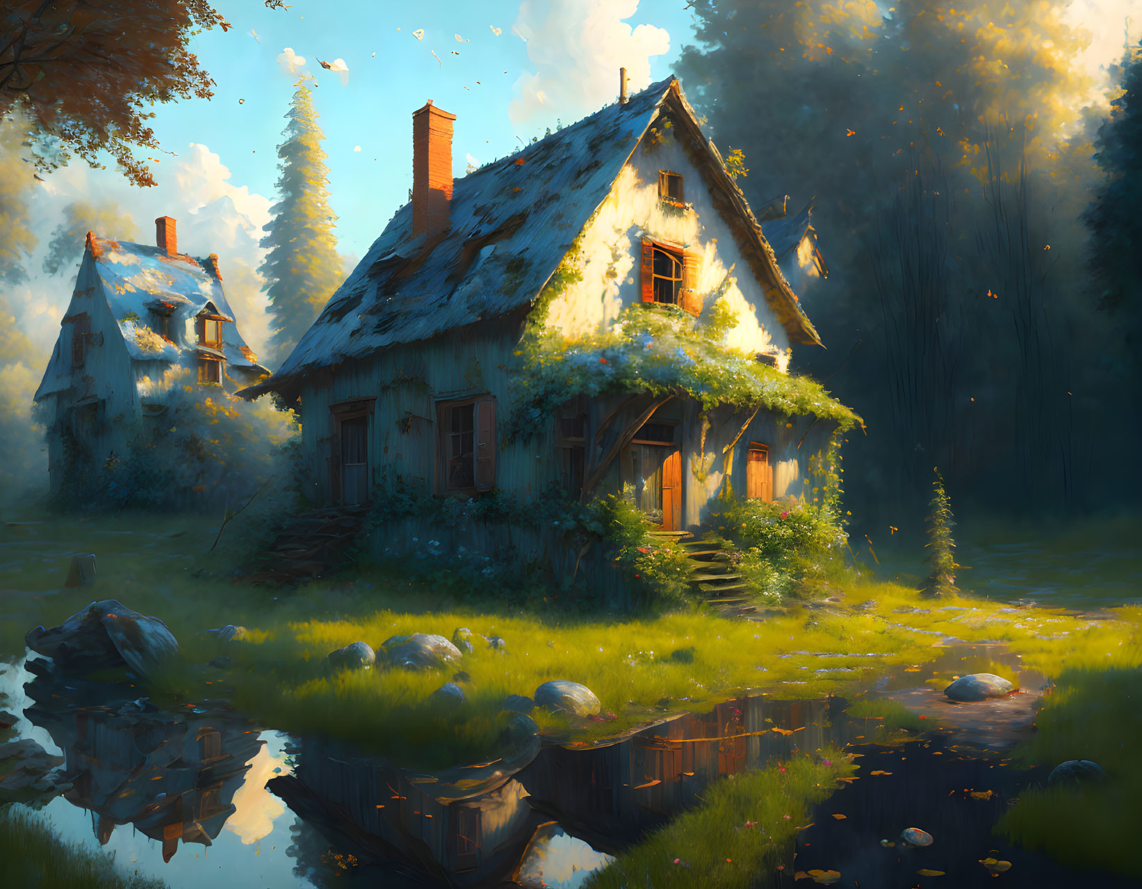 Tranquil digital painting of cottages in lush greenery at sunset