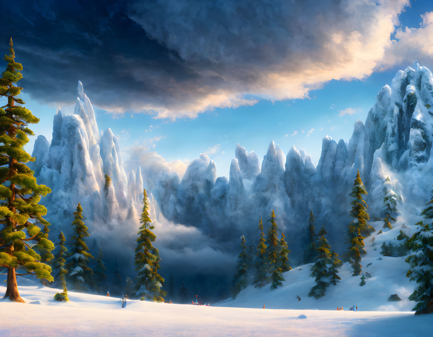 Snow-covered pine trees, dramatic sky, mountain range, and distant figures.