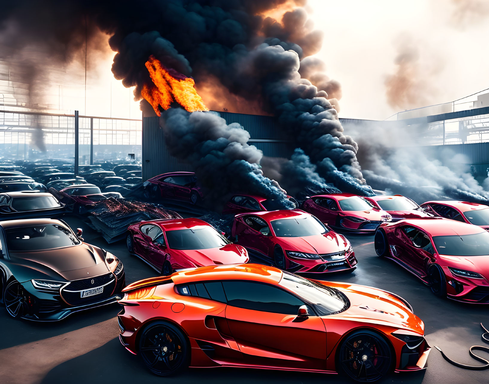 Luxury sports cars parked near building on fire with thick black smoke, hazy sky.