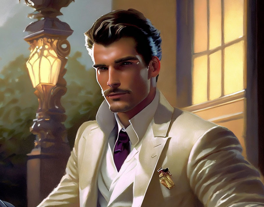 Digital artwork of suave man in white suit with purple tie by street lamp at dusk