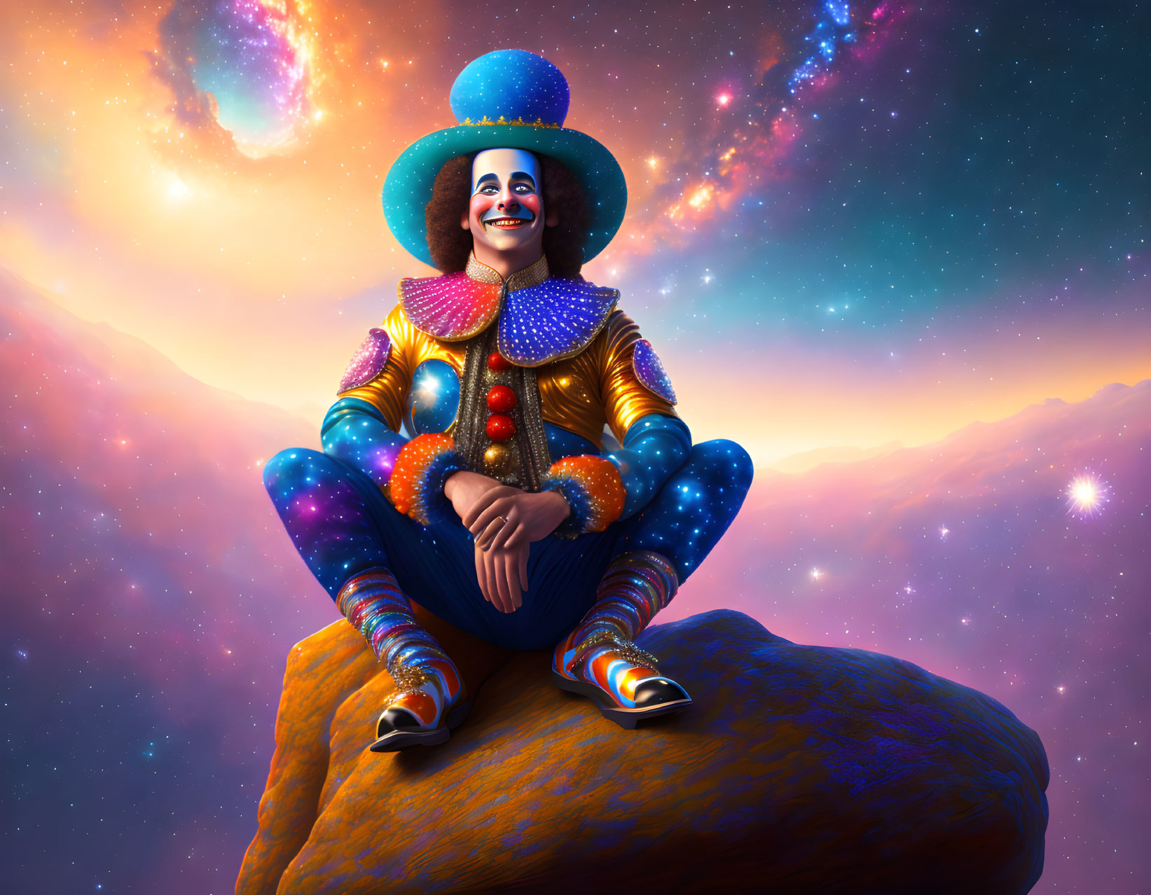 Colorful Clown in Cosmic Attire with Nebula Background