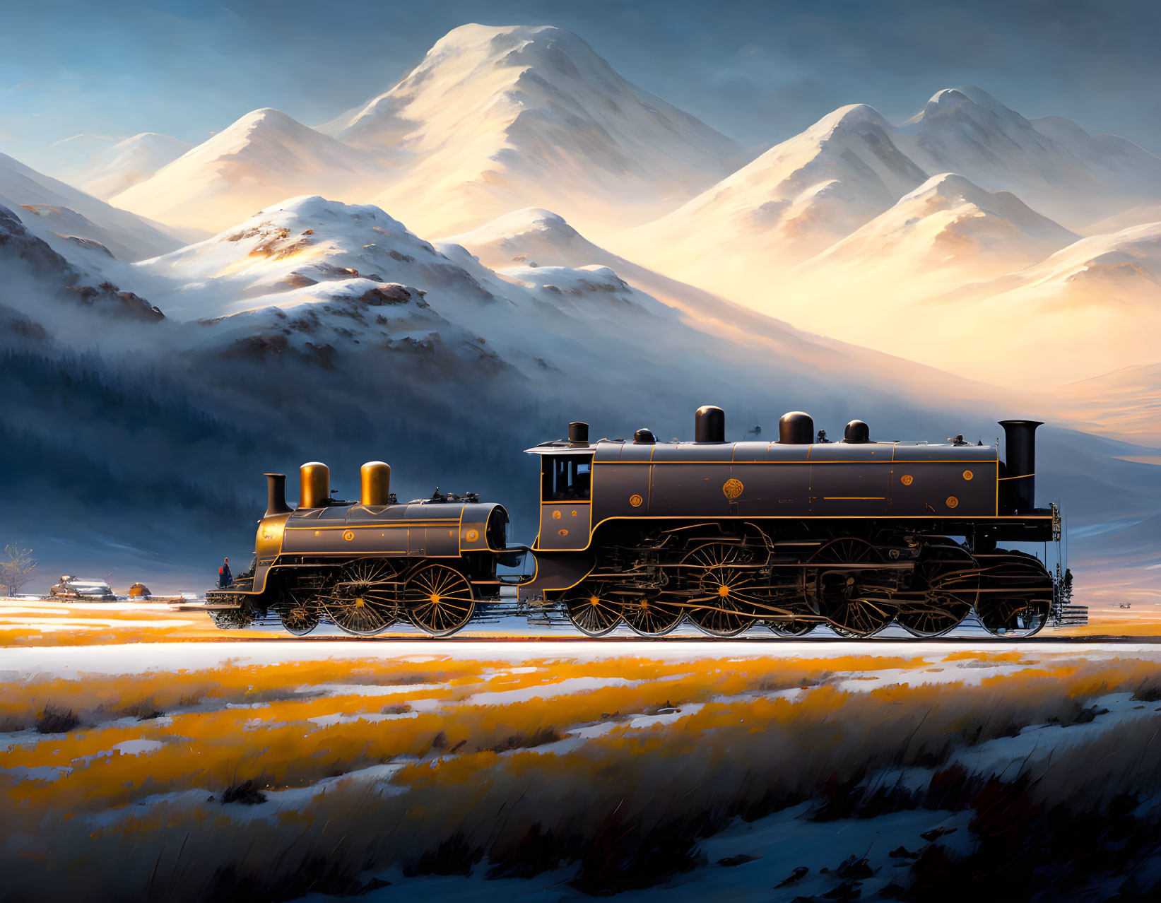 Vintage steam locomotive in snowy mountain landscape at dusk