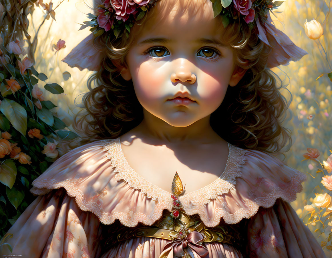 Detailed Painting of Young Girl with Curly Hair and Vintage Dress