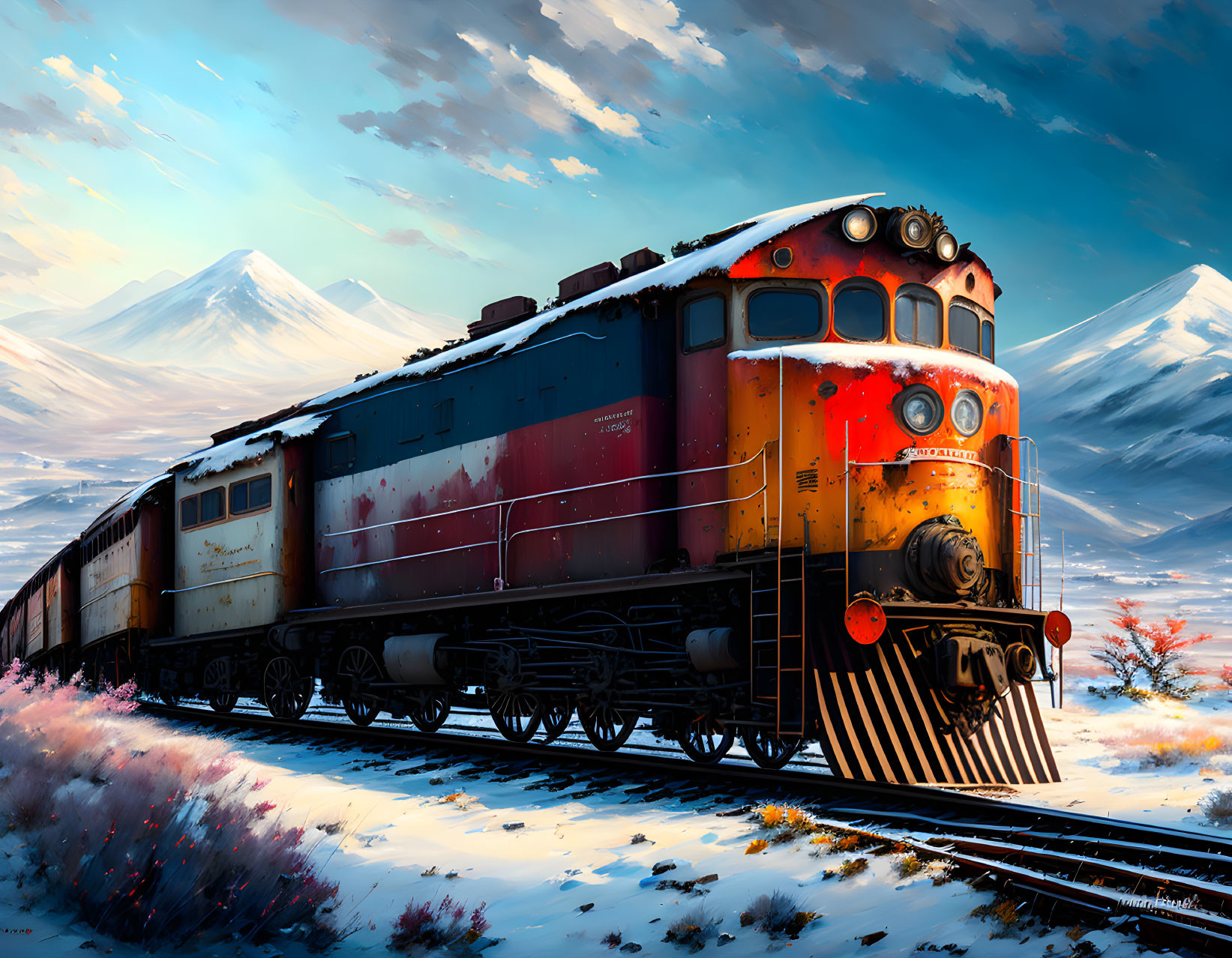 Vintage red and blue train on snowy tracks with mountain backdrop